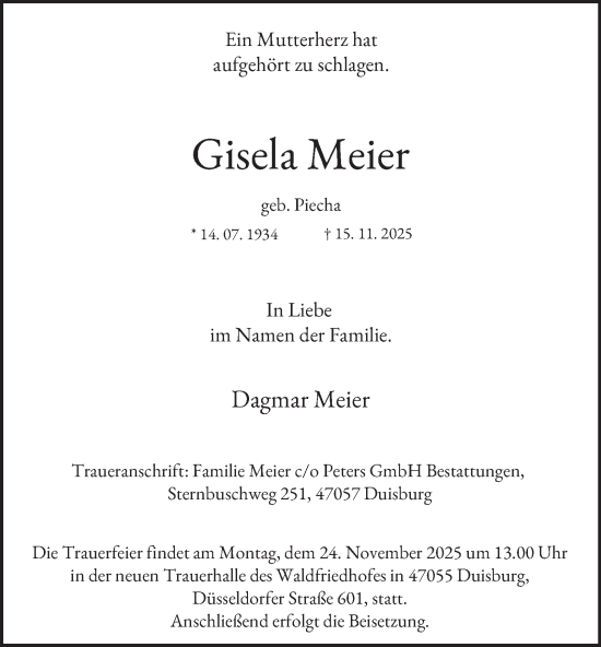 Traueranzeige von Gisela Meier von Tageszeitung