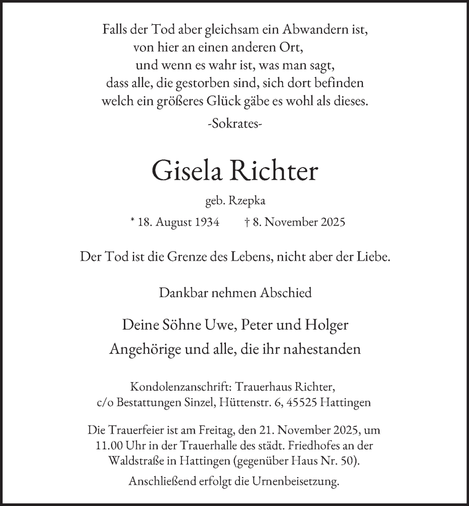  Traueranzeige für Gisela Richter vom 15.11.2025 aus Tageszeitung