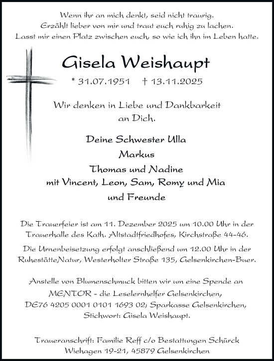 Traueranzeige von Gisela Weishaupt von Tageszeitung