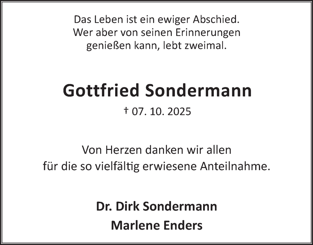  Traueranzeige für Gottfried Sondermann vom 22.11.2025 aus Tageszeitung