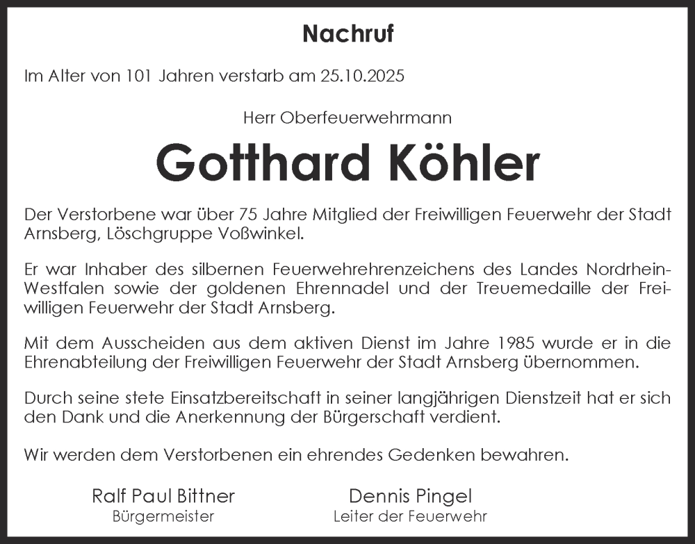  Traueranzeige für Gotthard Köhler vom 08.11.2025 aus Tageszeitung