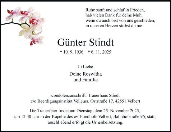 Traueranzeige von Günter Stindt von Tageszeitung