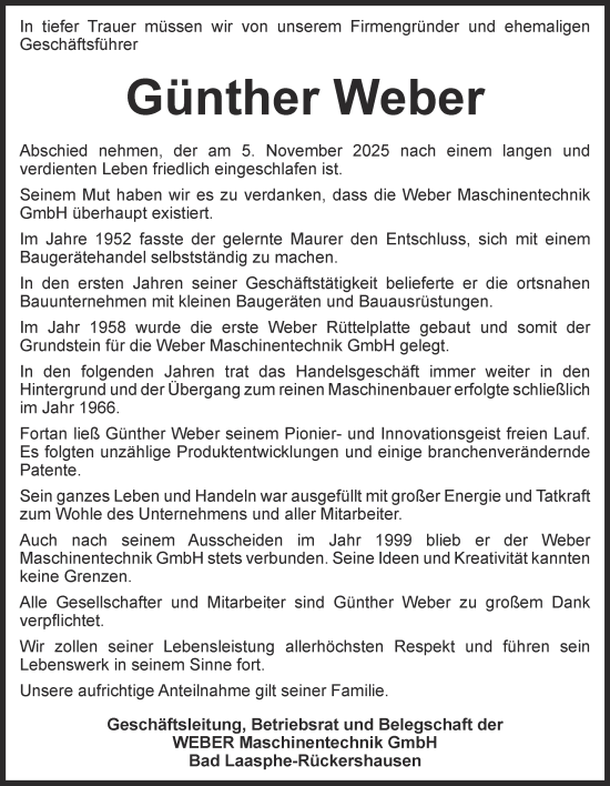 Traueranzeige von Günther Weber von Tageszeitung