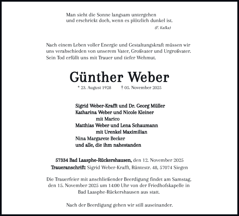  Traueranzeige für Günther Weber vom 12.11.2025 aus Tageszeitung