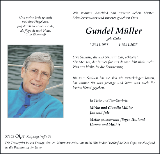 Traueranzeige von Gundel Müller von Tageszeitung