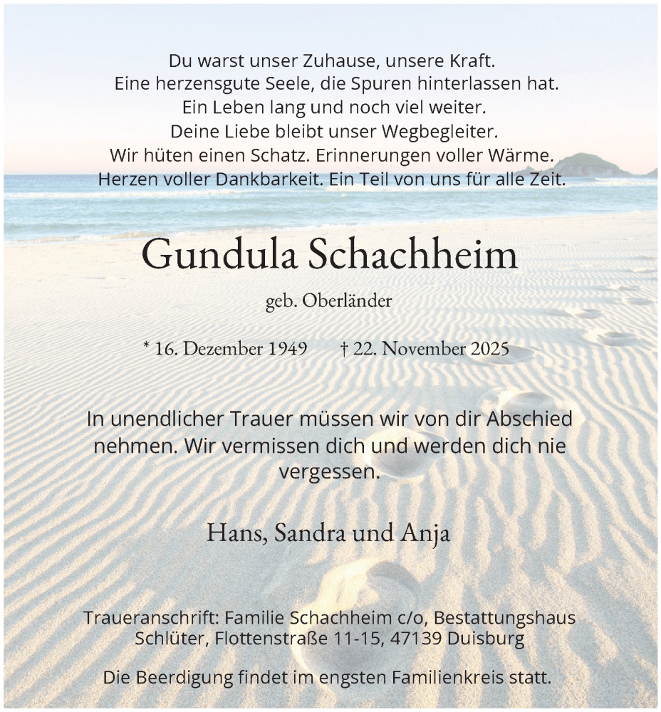  Traueranzeige für Gundula Schachheim vom 29.11.2025 aus Tageszeitung
