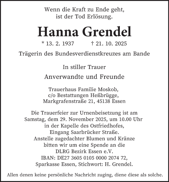 Traueranzeige von Hanna Grendel von Tageszeitung