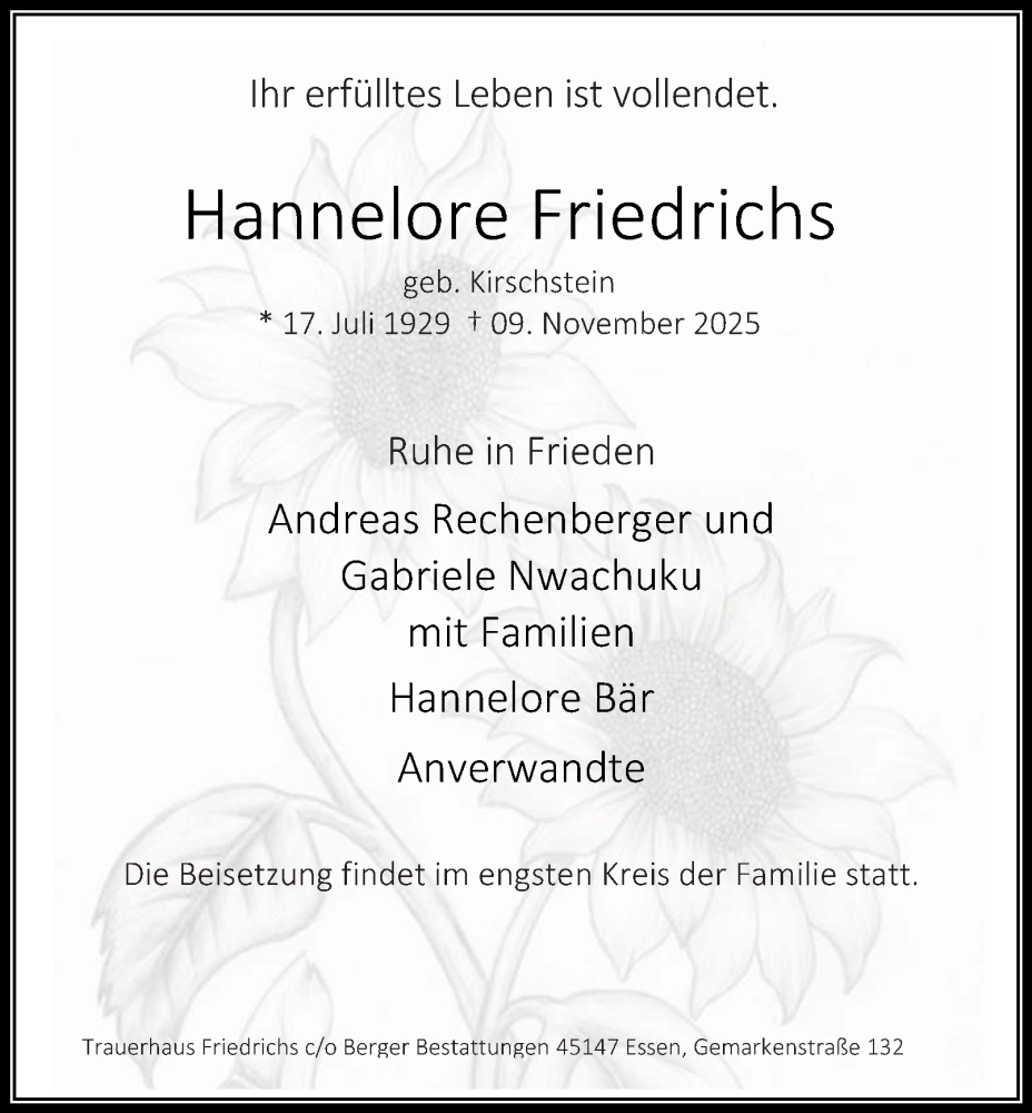  Traueranzeige für Hannelore Friedrichs vom 22.11.2025 aus Tageszeitung