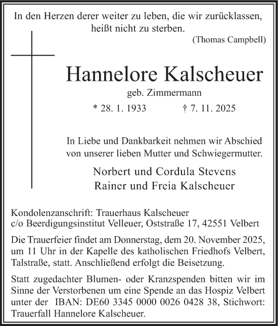 Traueranzeige von Hannelore Kalscheuer von Tageszeitung