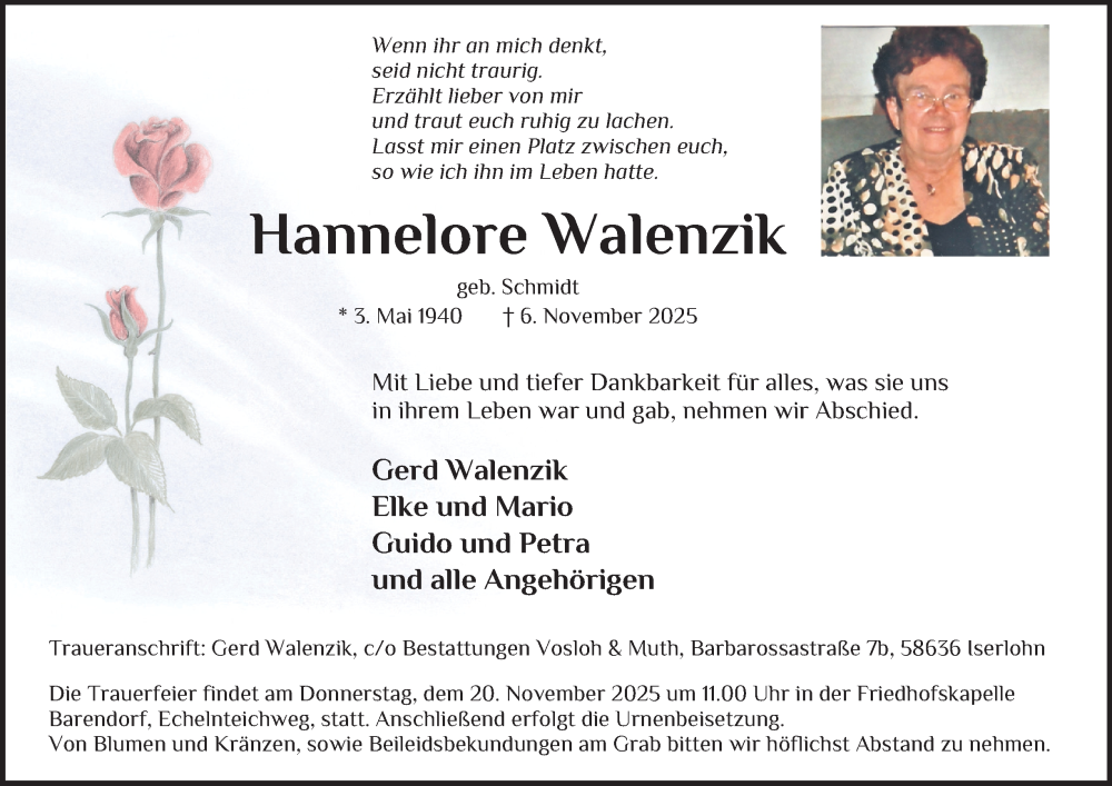  Traueranzeige für Hannelore Walenzik vom 15.11.2025 aus Tageszeitung