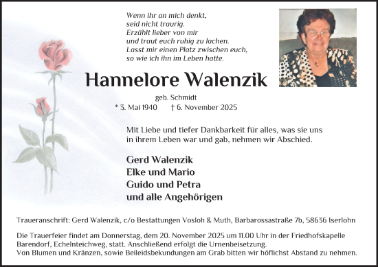 Traueranzeige von Hannelore Walenzik von Tageszeitung