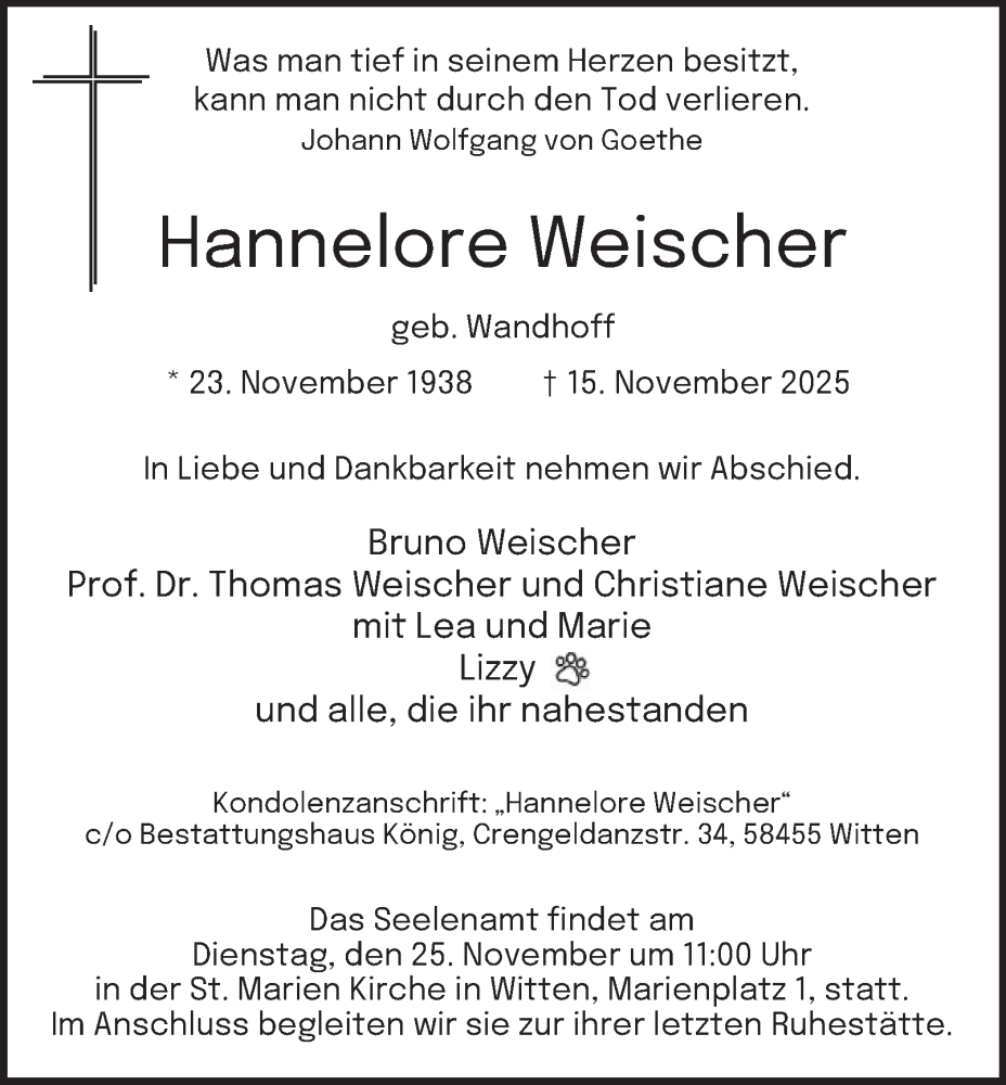 Traueranzeige für Hannelore Weischer vom 22.11.2025 aus Tageszeitung