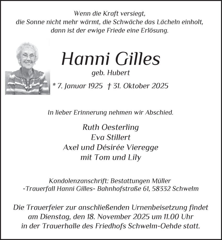 Traueranzeige für Hanni Gilles vom 08.11.2025 aus Tageszeitung