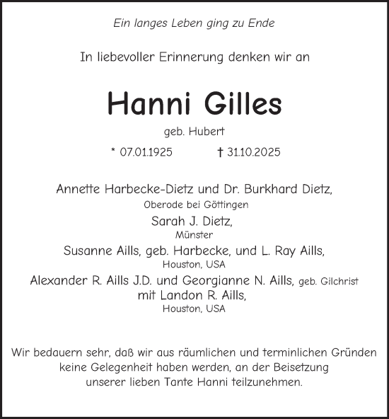Traueranzeige von Hanni Gilles von Tageszeitung