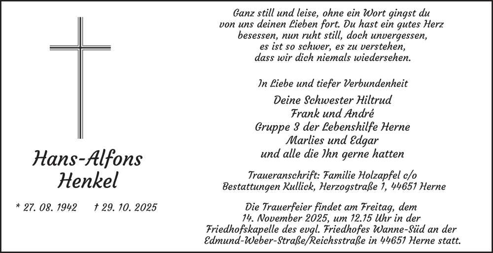  Traueranzeige für Hans-Alfons Henkel vom 08.11.2025 aus Tageszeitung