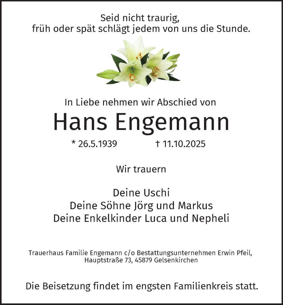  Traueranzeige für Hans Engemann vom 08.11.2025 aus Tageszeitung