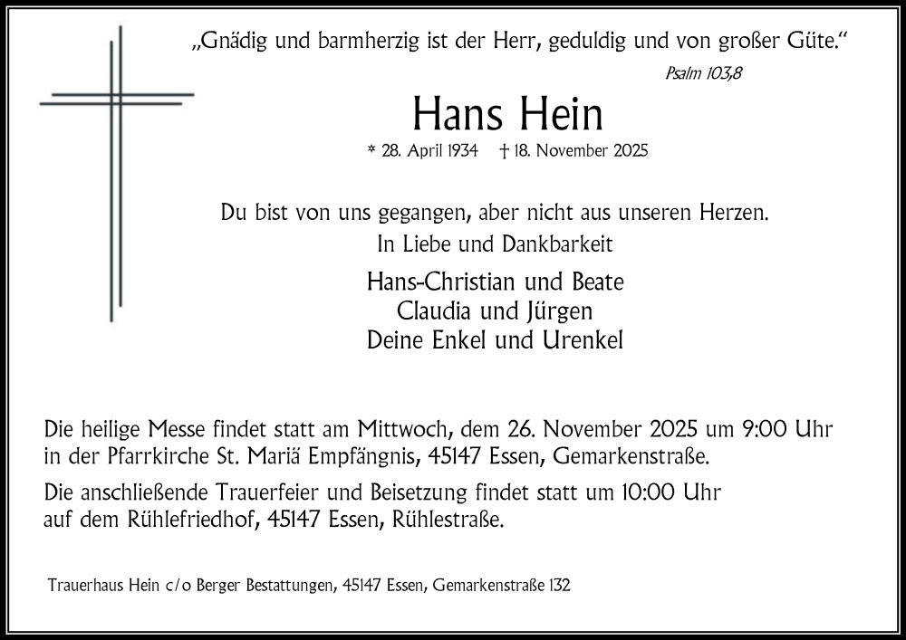  Traueranzeige für Hans Hein vom 22.11.2025 aus Tageszeitung