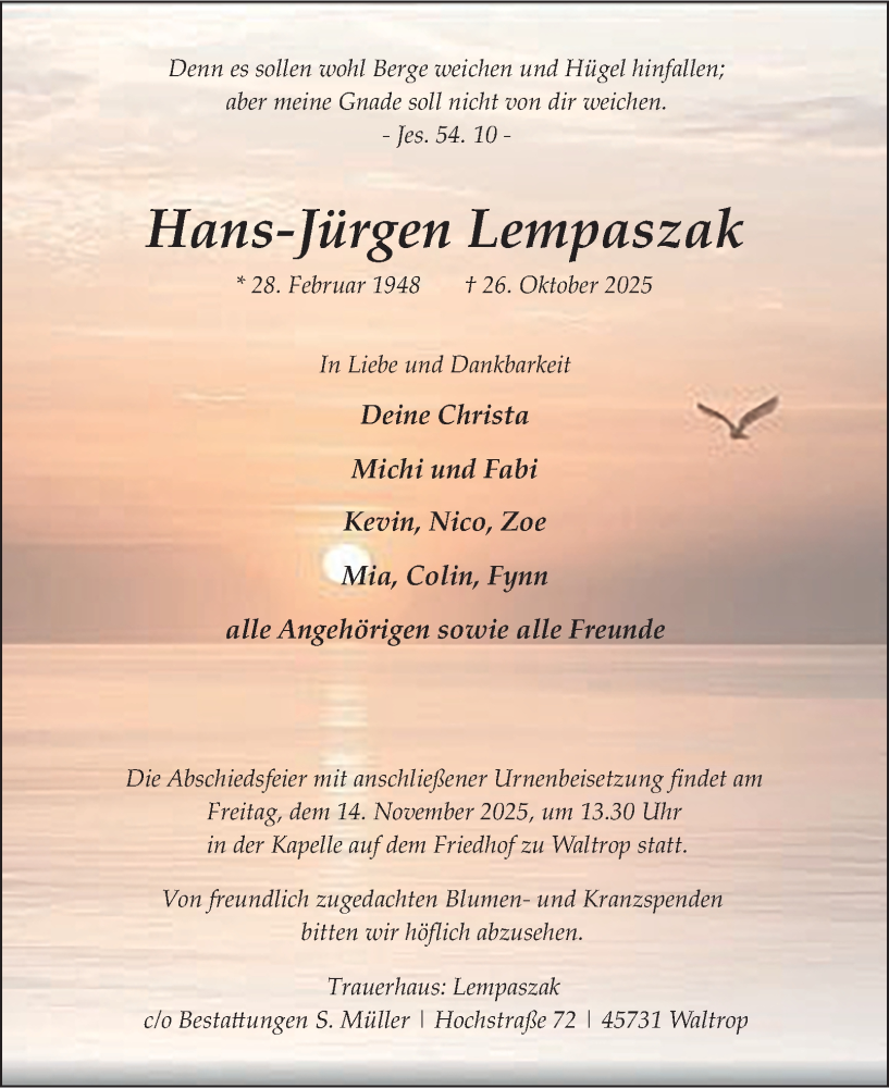  Traueranzeige für Hans-Jürgen Lempaszak vom 05.11.2025 aus Tageszeitung