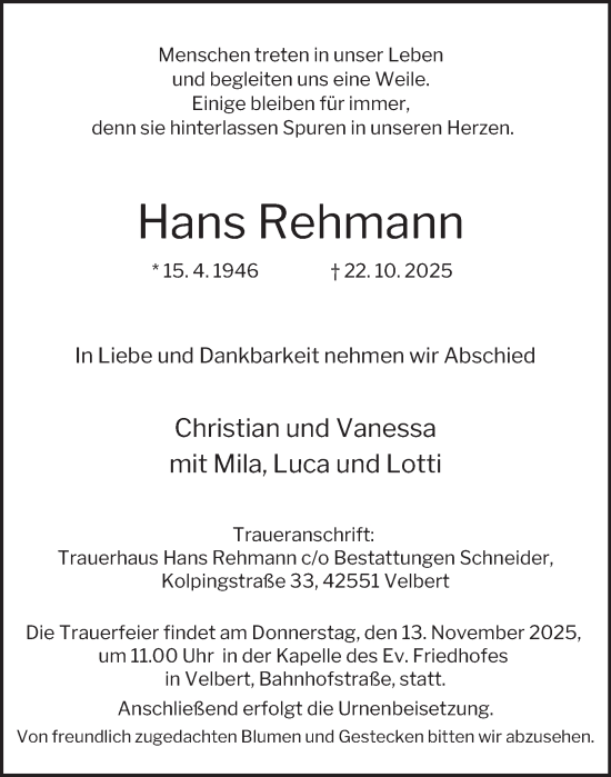 Traueranzeige von Hans Rehmann von Tageszeitung