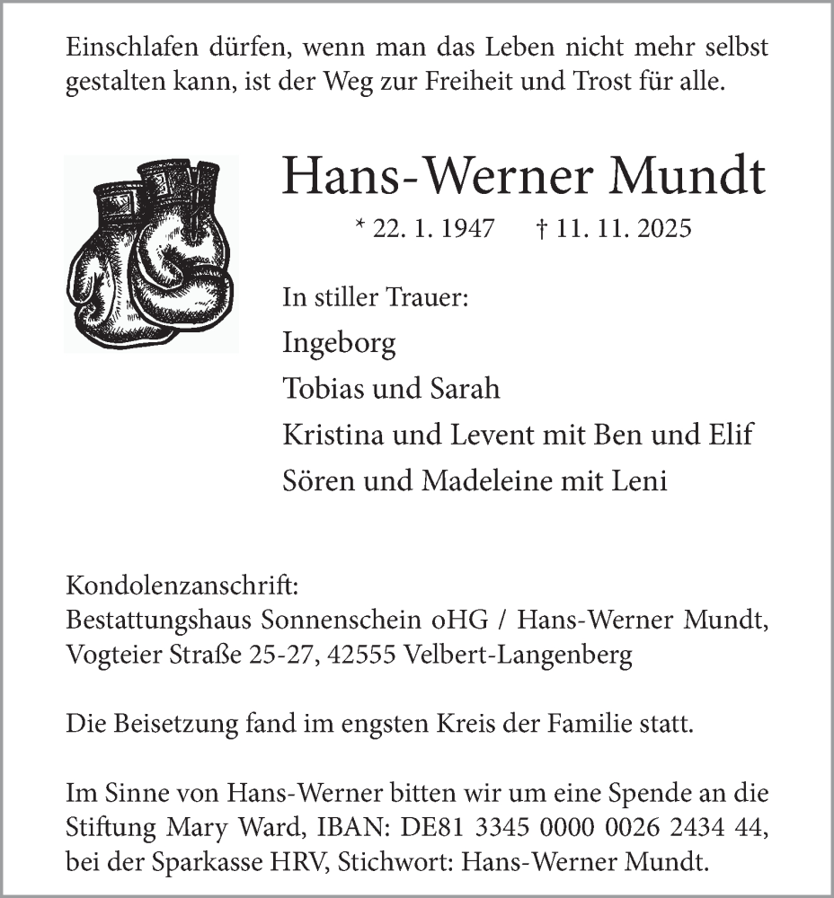  Traueranzeige für Hans-Werner Mundt vom 22.11.2025 aus Tageszeitung