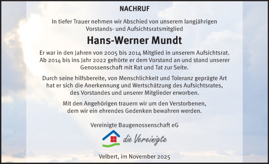 Traueranzeige von Hans-Werner Mundt von Tageszeitung