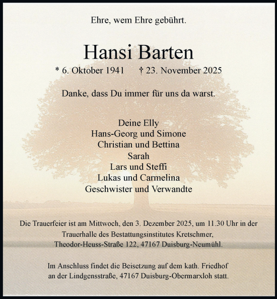 Traueranzeige von Hansi Barten von Tageszeitung