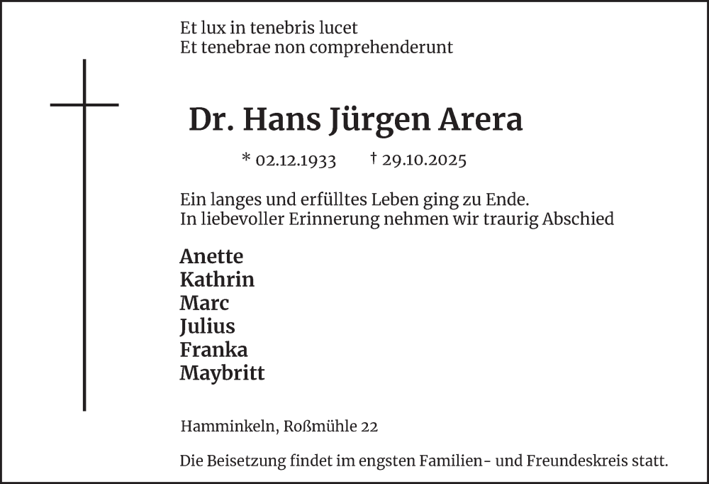  Traueranzeige für Hans Jürgen Arera vom 04.11.2025 aus Tageszeitung