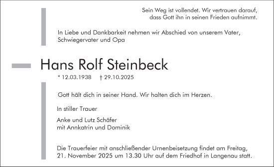 Traueranzeige von Hans Rolf Steinbeck von Tageszeitung