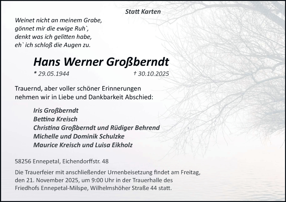  Traueranzeige für Hans Werner Großberndt vom 15.11.2025 aus Tageszeitung