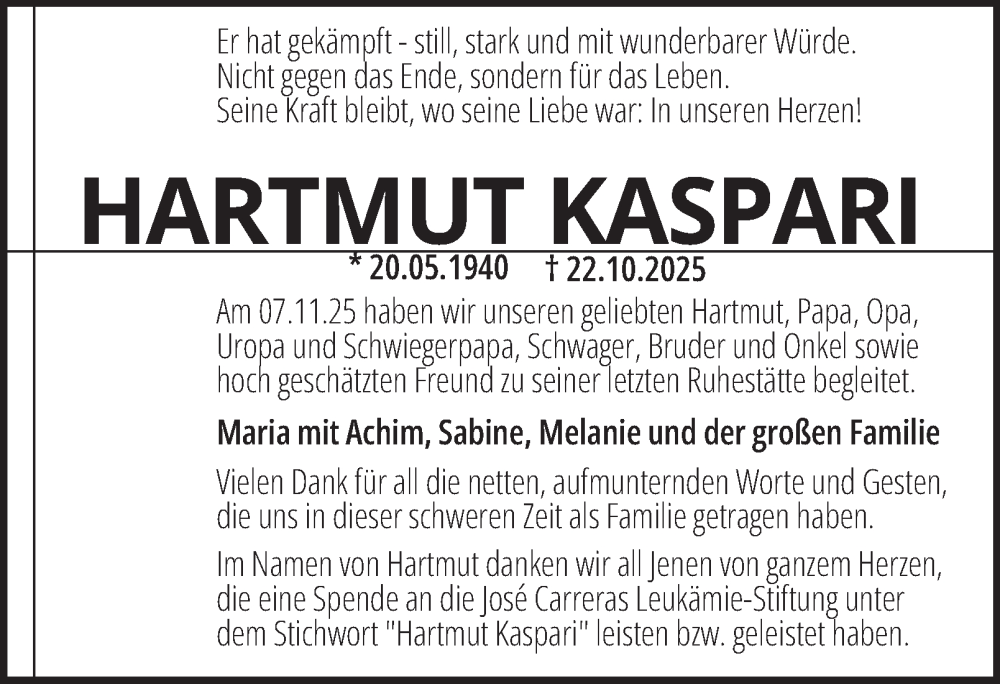  Traueranzeige für Hartmut Kaspari vom 08.11.2025 aus Tageszeitung
