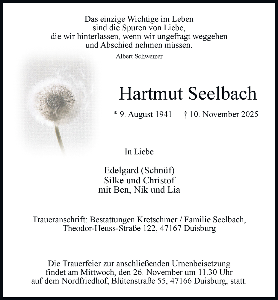  Traueranzeige für Hartmut Seelbach vom 22.11.2025 aus Tageszeitung