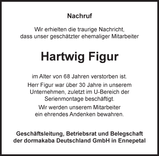 Traueranzeige von Hartwig Figur von Tageszeitung