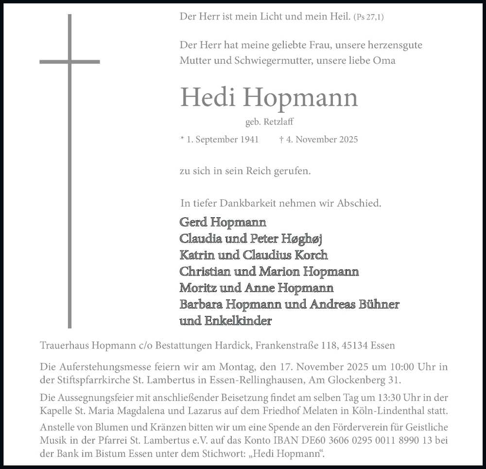  Traueranzeige für Hedi Hopmann vom 15.11.2025 aus Tageszeitung