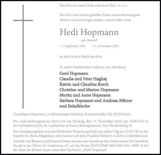 Traueranzeige von Hedi Hopmann von Tageszeitung