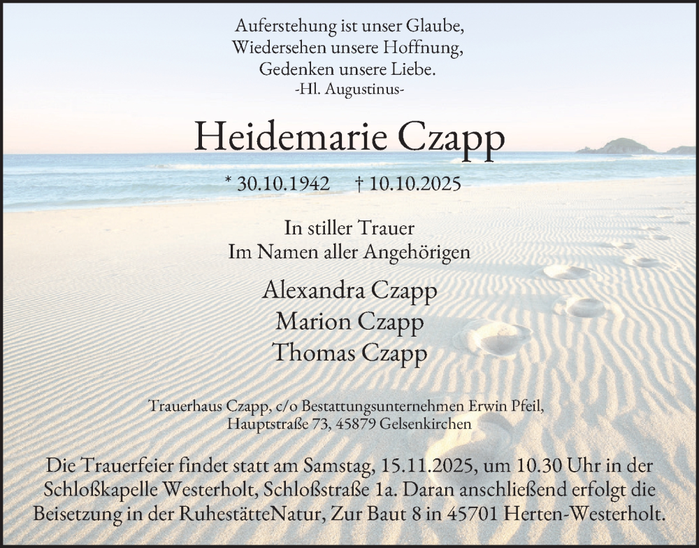  Traueranzeige für Heidemarie Czapp vom 08.11.2025 aus Tageszeitung