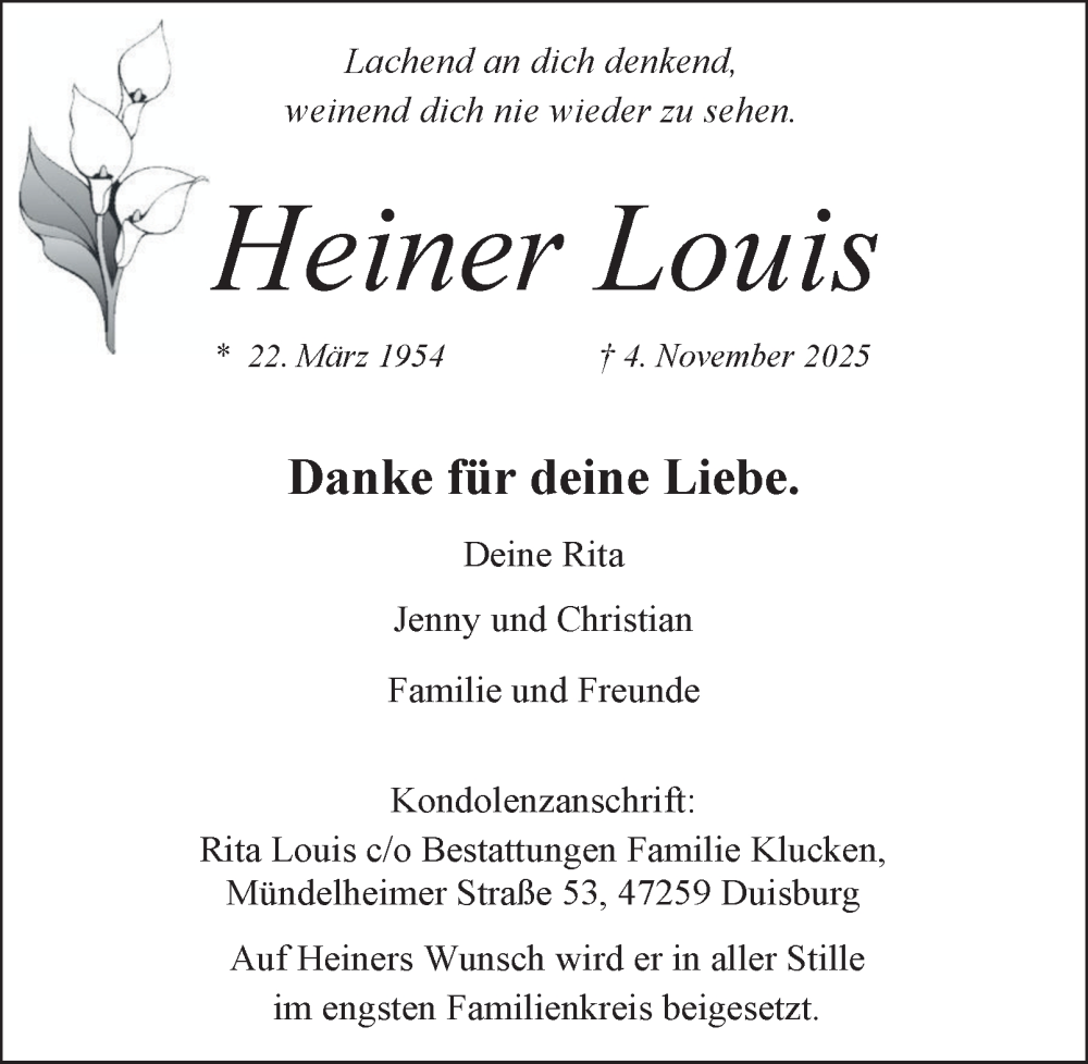  Traueranzeige für Heiner Louis vom 15.11.2025 aus Tageszeitung