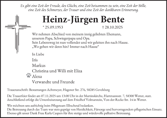 Traueranzeige von Heinz-Jürgen Bente von Tageszeitung