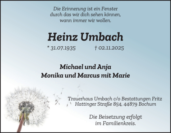Traueranzeige von Heinz Umbach von Tageszeitung