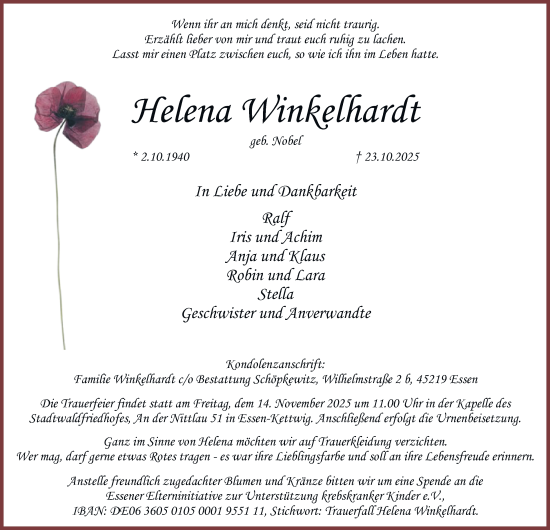 Traueranzeige von Helena Winkelhardt von Tageszeitung