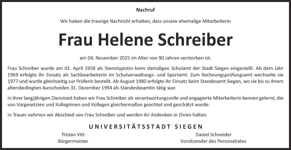  Traueranzeige für Helene Schreiber vom 22.11.2025 aus Tageszeitung