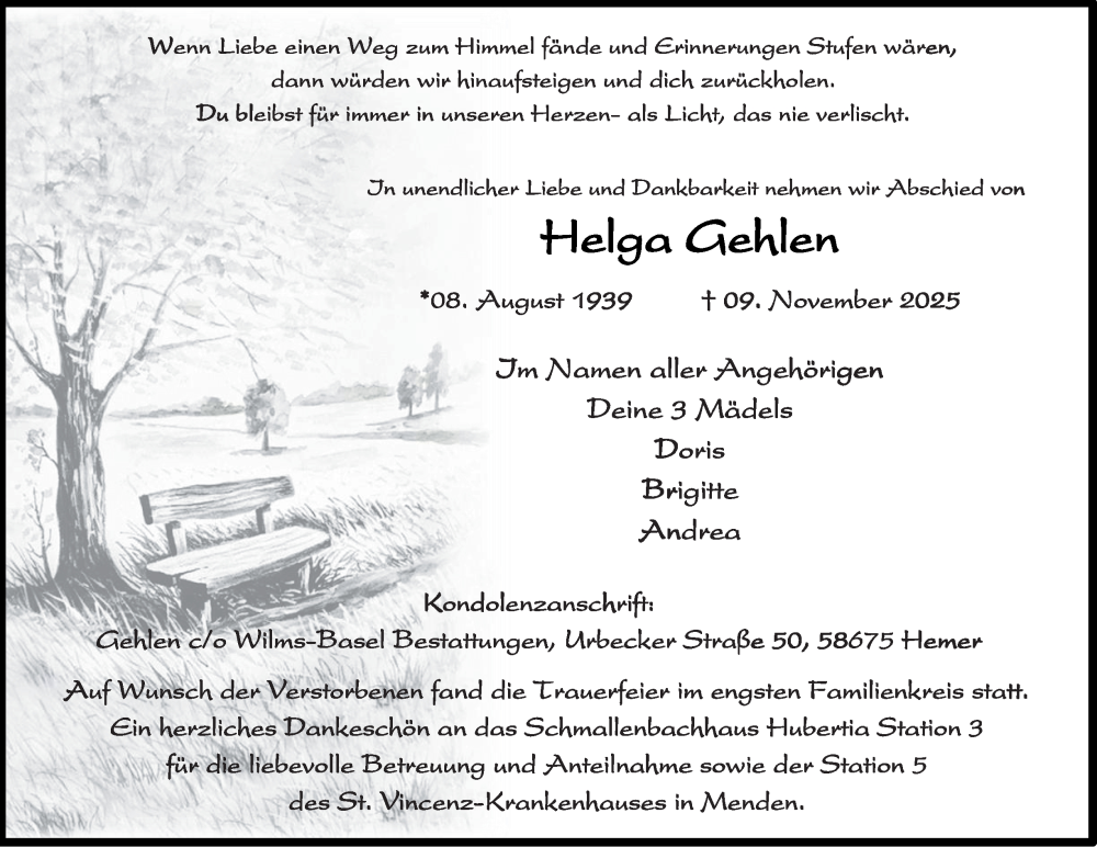  Traueranzeige für Helga Gehlen vom 29.11.2025 aus Tageszeitung