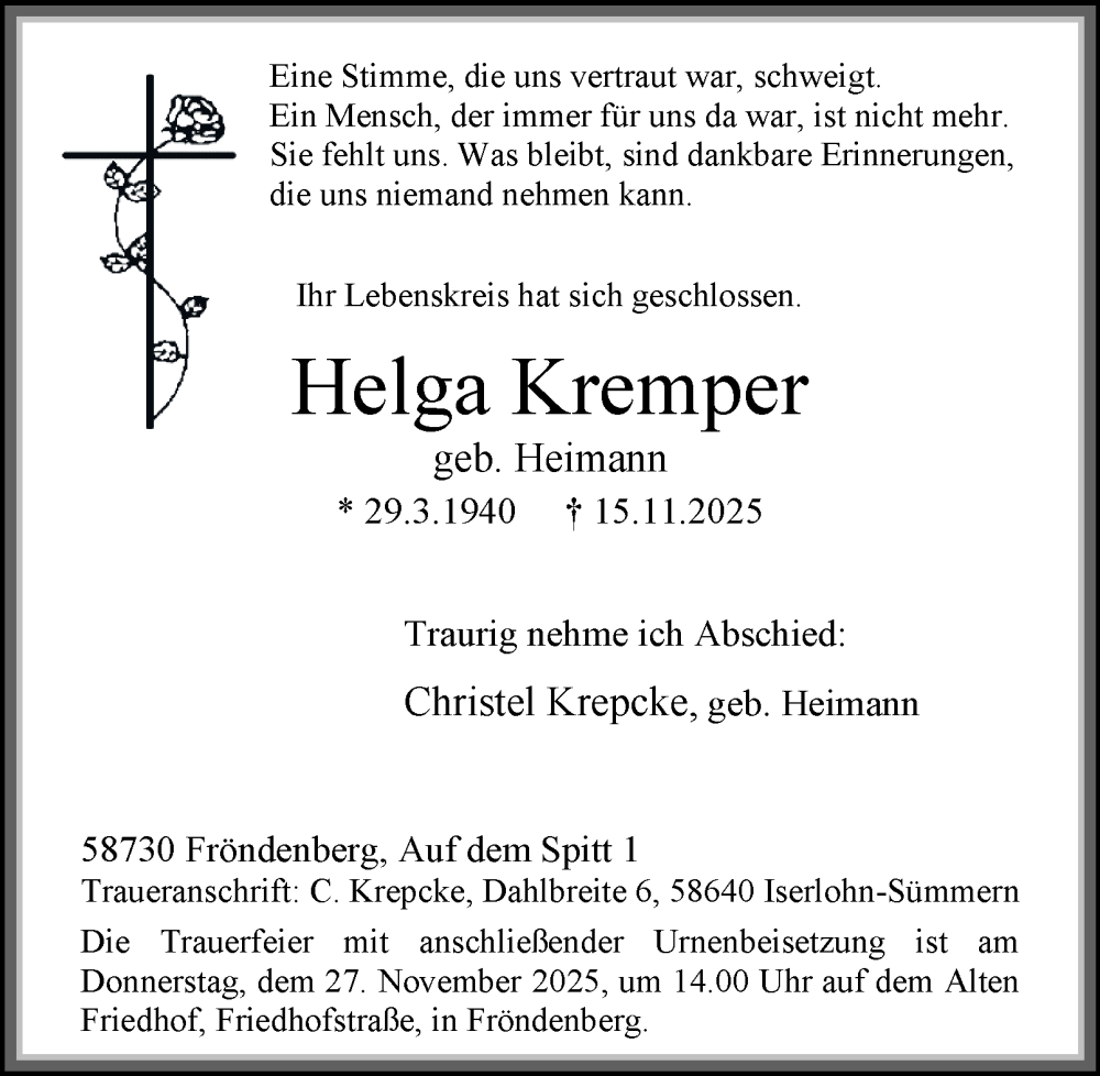  Traueranzeige für Helga Kremper vom 22.11.2025 aus Tageszeitung