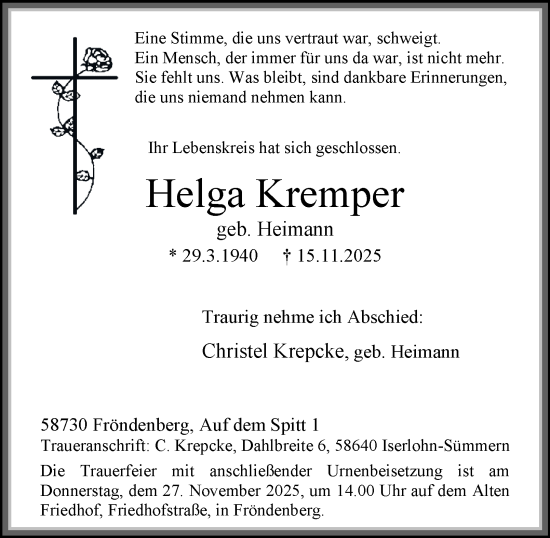 Traueranzeige von Helga Kremper von Tageszeitung