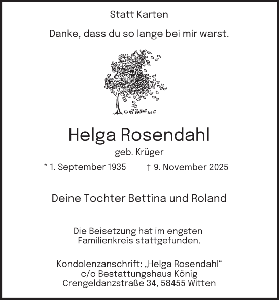 Traueranzeige von Helga Rosendahl von Tageszeitung