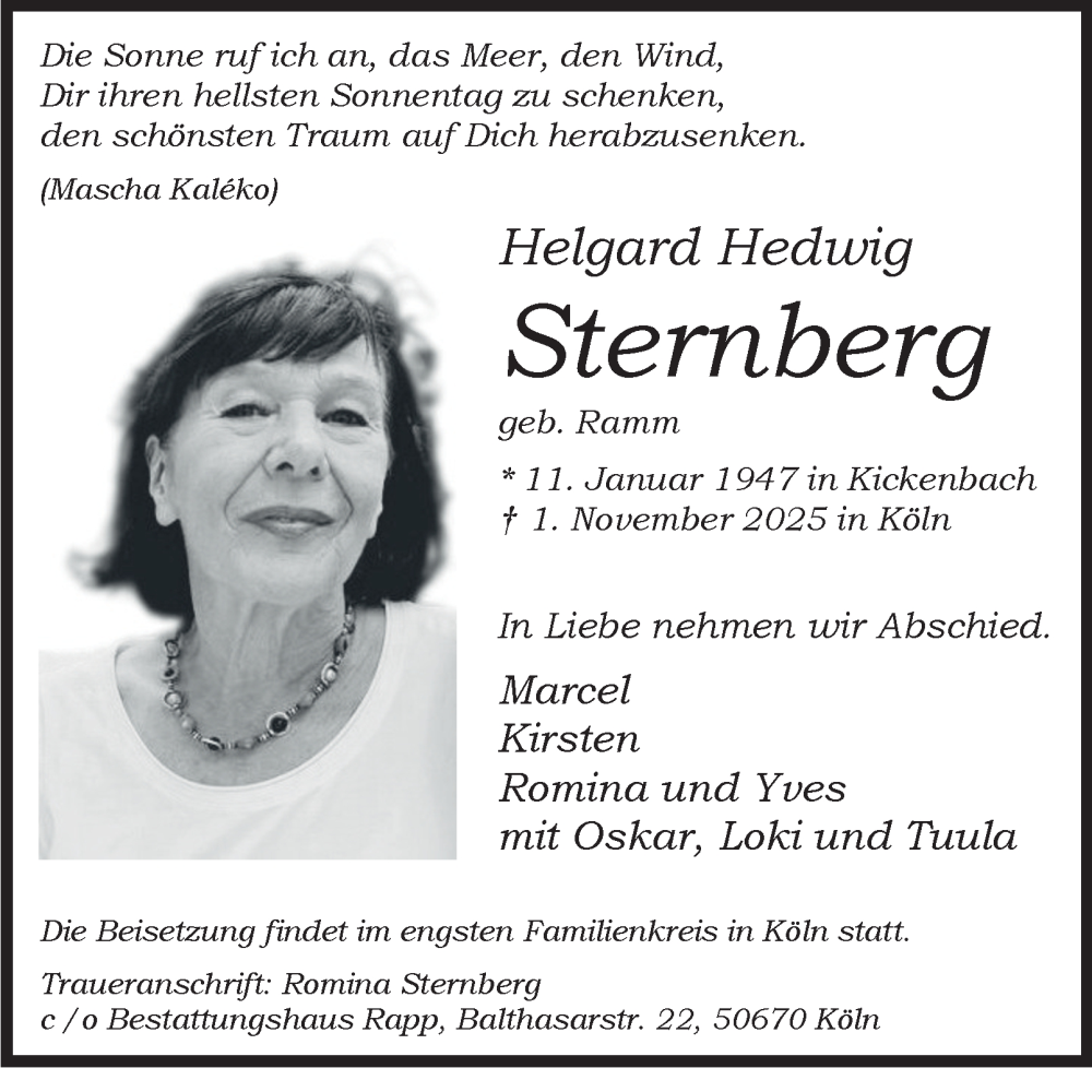  Traueranzeige für Helgard Hedwig Sternberg vom 15.11.2025 aus Tageszeitung