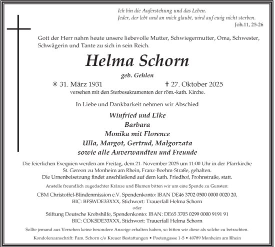 Traueranzeige von Helma Schorn von Tageszeitung