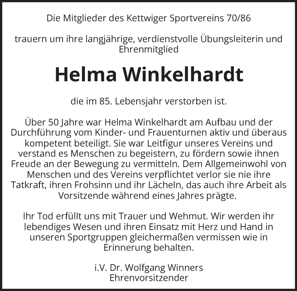  Traueranzeige für Helma Winkelhardt vom 15.11.2025 aus Tageszeitung