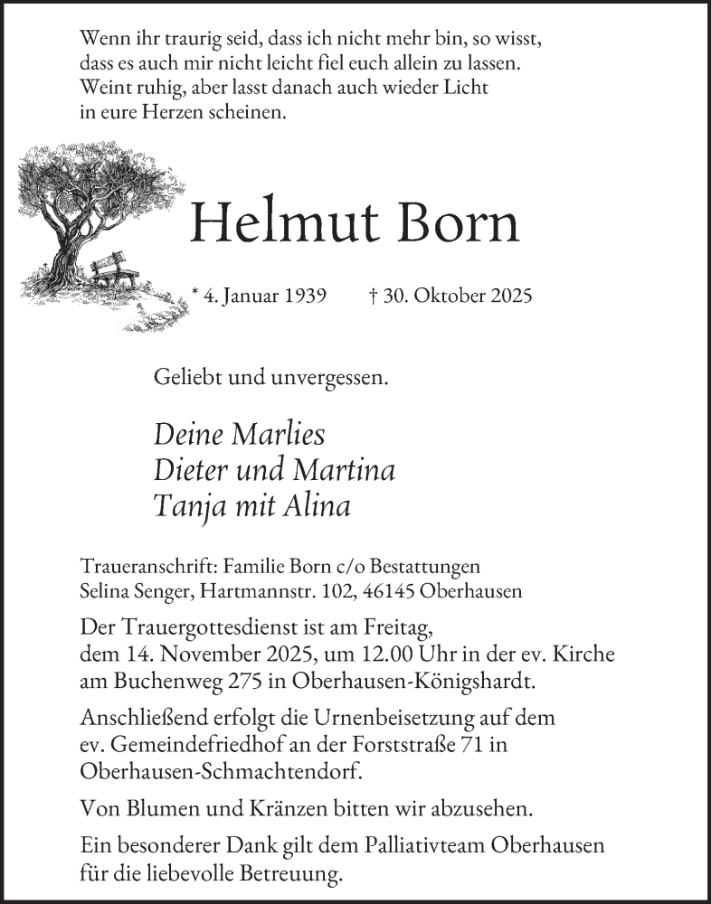  Traueranzeige für Helmut Born vom 08.11.2025 aus Tageszeitung