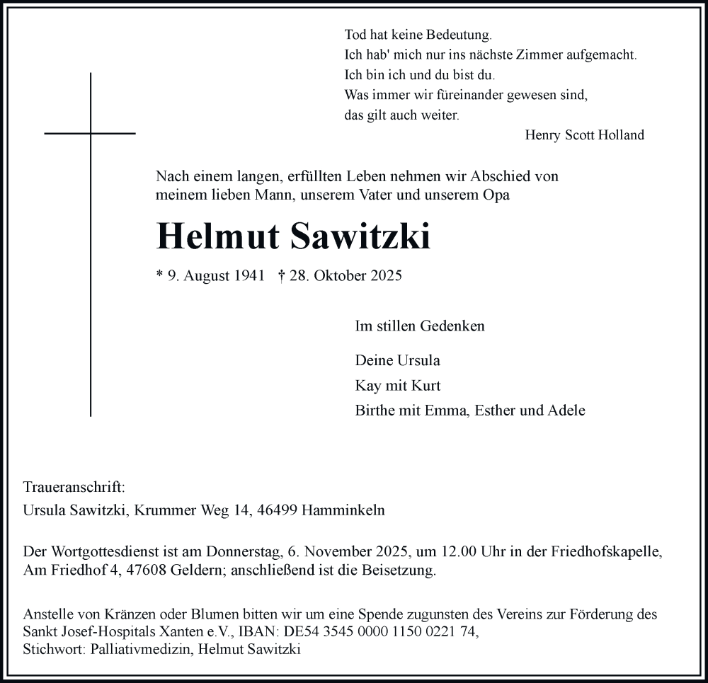  Traueranzeige für Helmut Sawitzki vom 03.11.2025 aus Tageszeitung