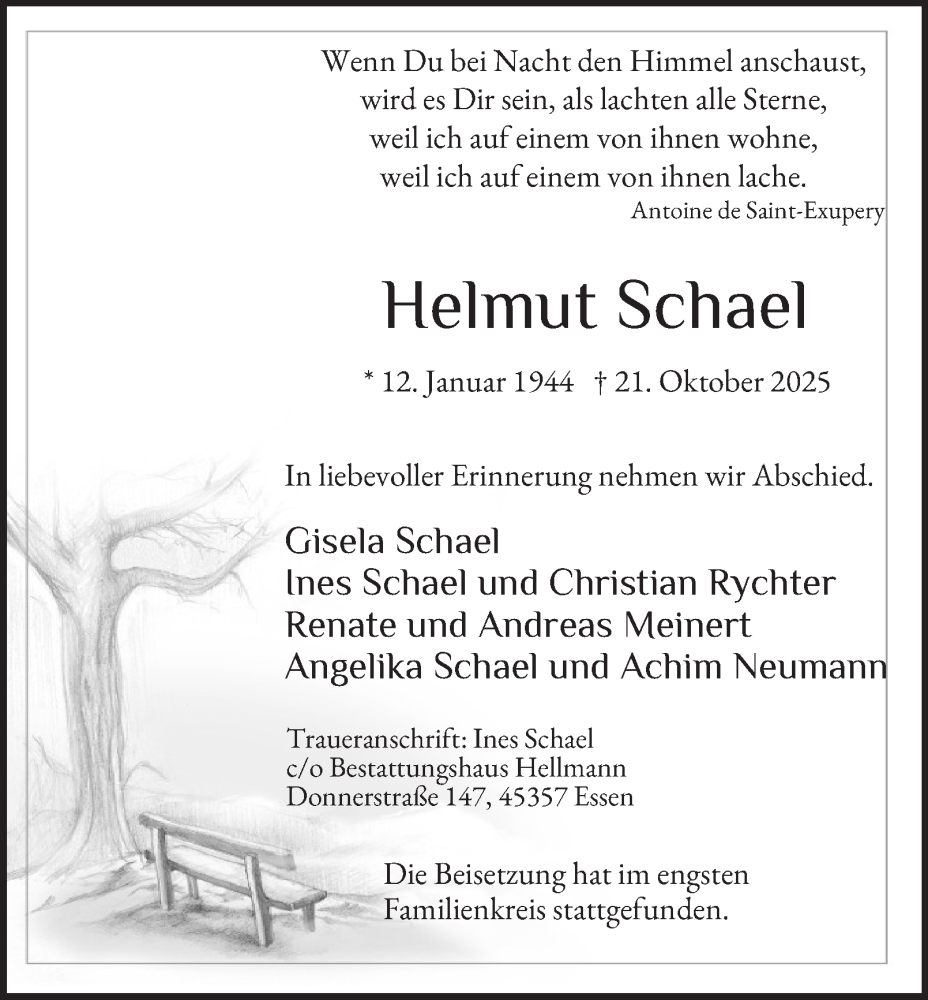  Traueranzeige für Helmut Schael vom 15.11.2025 aus Tageszeitung